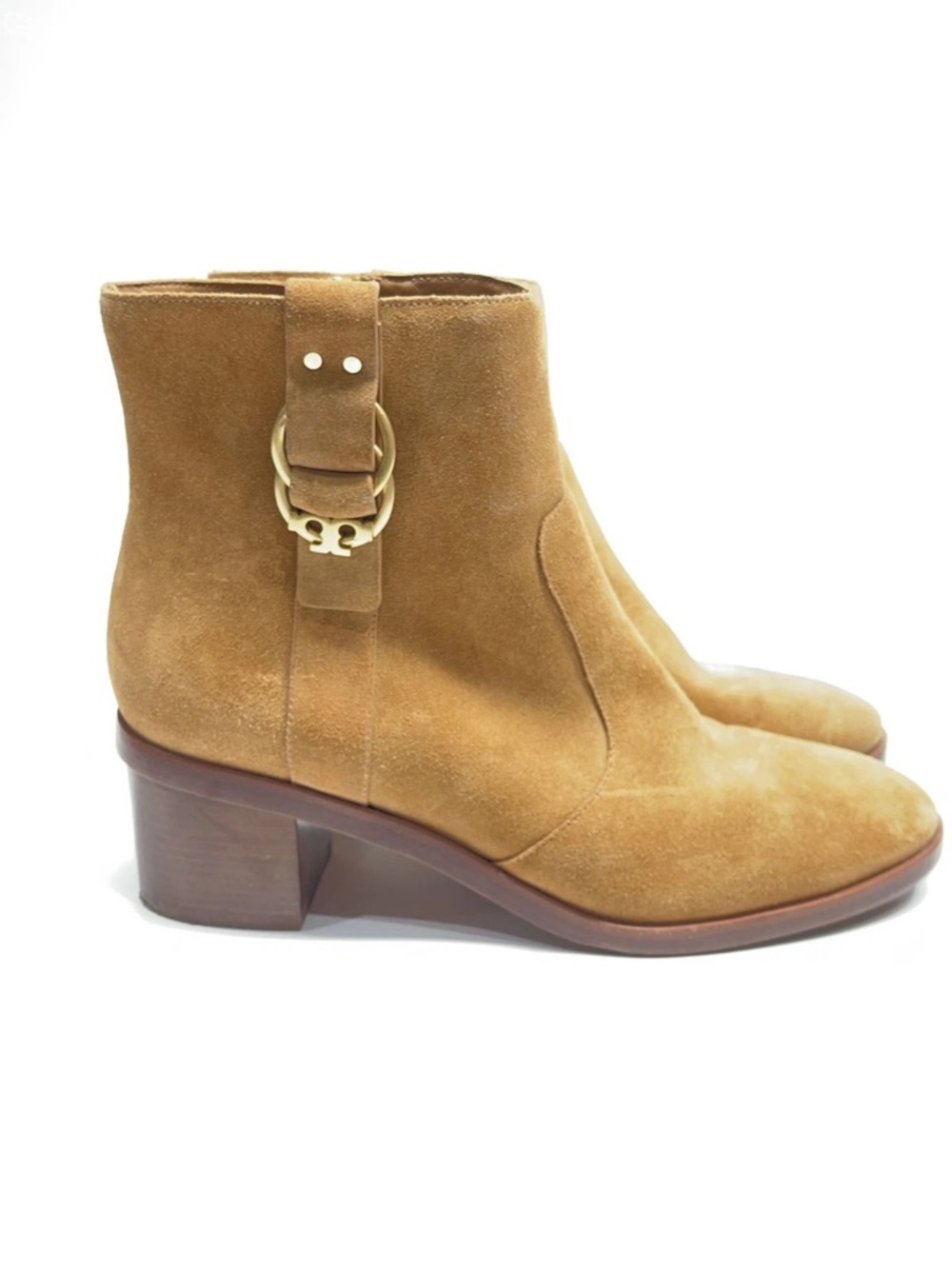 Tory Burch Tan Suede Ankle Booties with Gold-Tone Logo Buckle